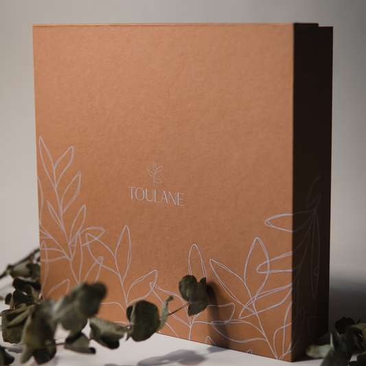 A gift set by TOLUANE, containing a face oil, beauty balm, shea butter, and a soap bar, neatly arranged in a box with compartments for each item.